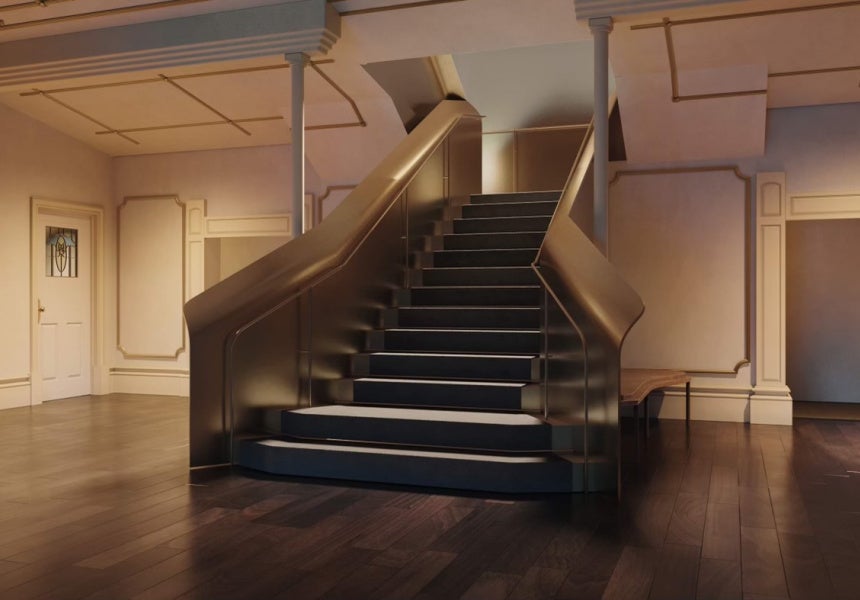 Photo render of the staircase in new live music venue Northcote Theatre