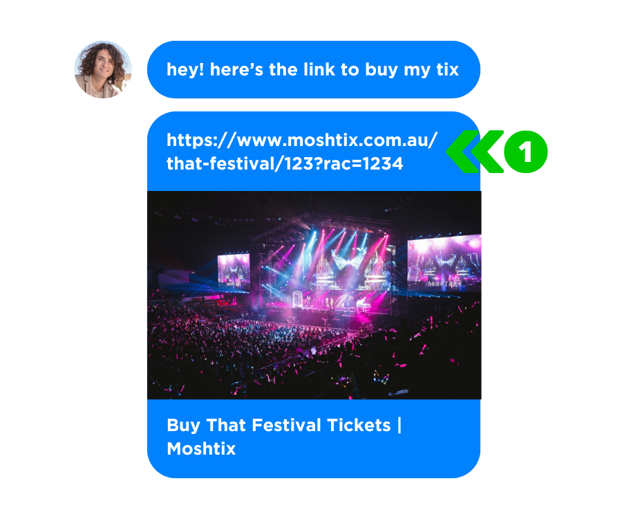 An image showing messages sent by a friend sharing a link to their ticket for resale