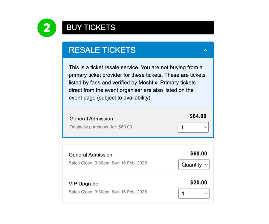 An image showing the event page with a ticket from resale