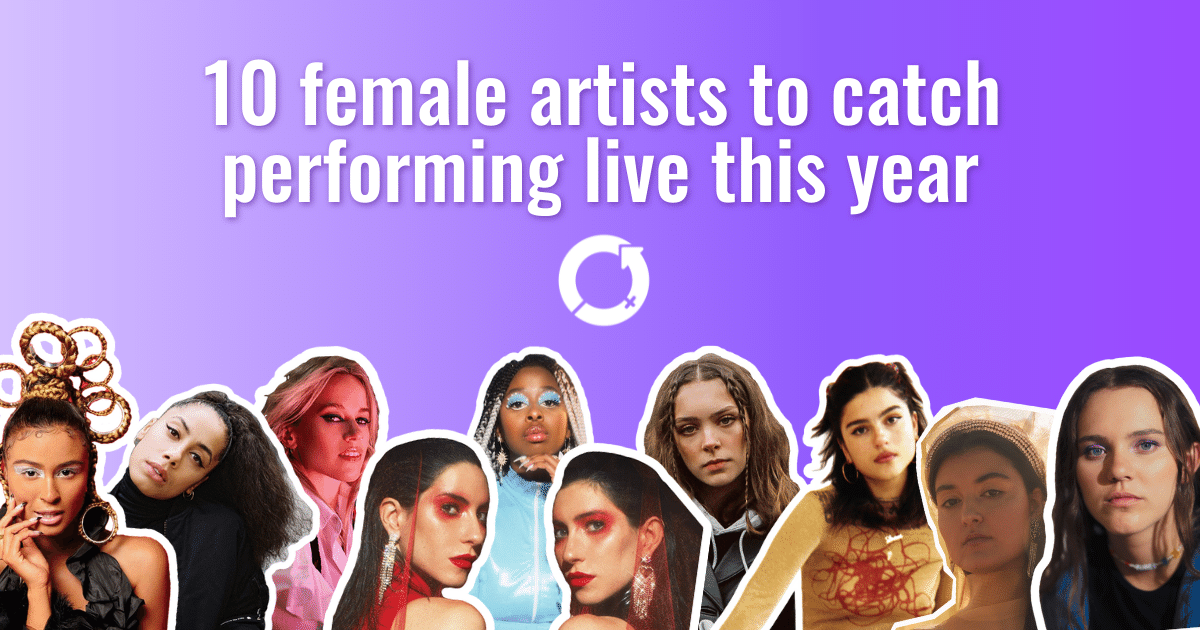Photo of Australian and New Zealand female musicians cut out on the purple gradient background. Text overlay reads: 10 female artists to catch performing live this year