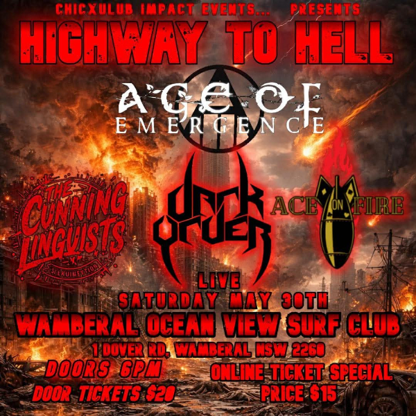 Age of Emergence // Eviscerate The Crown // Dark Order // Ace on Fire live at Ocean View (Wamberal Surf Club) - Concert poster