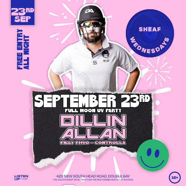 FULL MOON UV PARTY | SEPTEMBER 23rd 'w' DILLIN ALLAN live at The Golden Sheaf - Concert poster