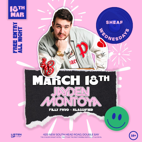 Sheaf Wednesdays | MARCH 18 'w' JAYDEN MONTOYA live at The Golden Sheaf in Double Bay on March 18, 2026 - Concert poster