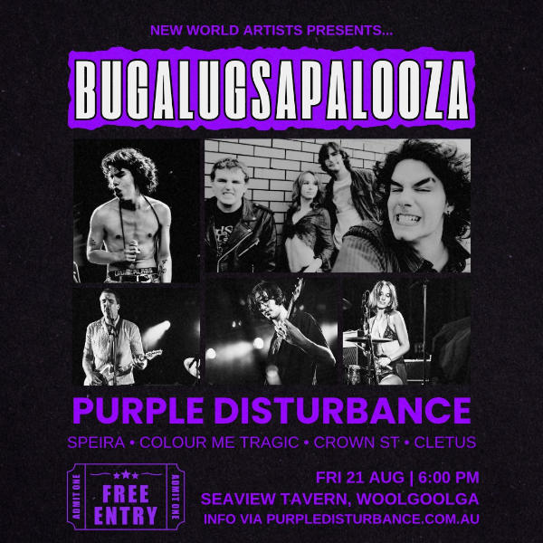 Purple Disturbance - 'Bugalugsapalooza' Mini Fest w/ SPEIRA // Colour Me Tragic // Crown St // Cletus live at Seaview Tavern - Concert poster