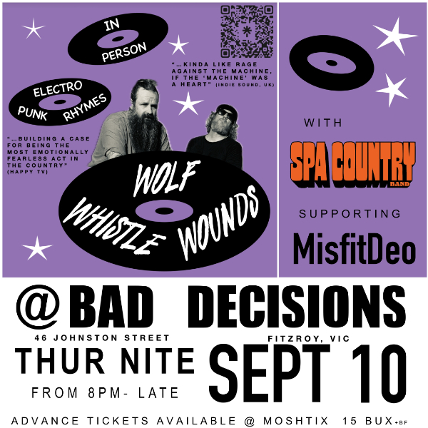 MisfitDeo w/Wolf Whistle Wounds and Spa Country Band live at Bad Decisions Bar - Concert poster