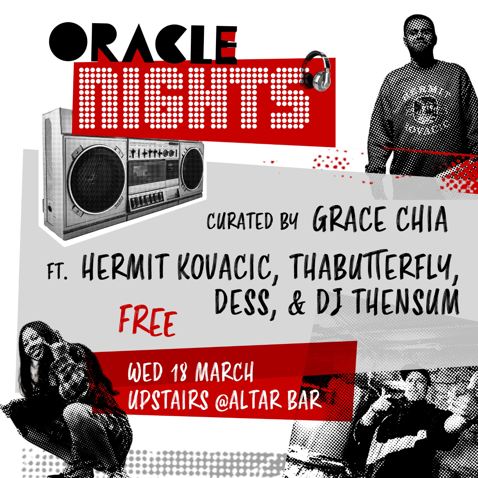 Oracle Nights curated by Grace Chia, ft. Hermit Kovacic, ThaButterfly, Dess, and DJ Thensum live at Altar Bar in Hobart on March 18, 2026 - Concert poster
