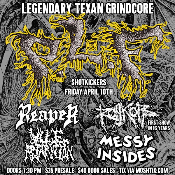 PLF - Texan Grindcore Legends - Melbourne live at Shotkickers in Thornbury on April 10, 2026 - Concert poster