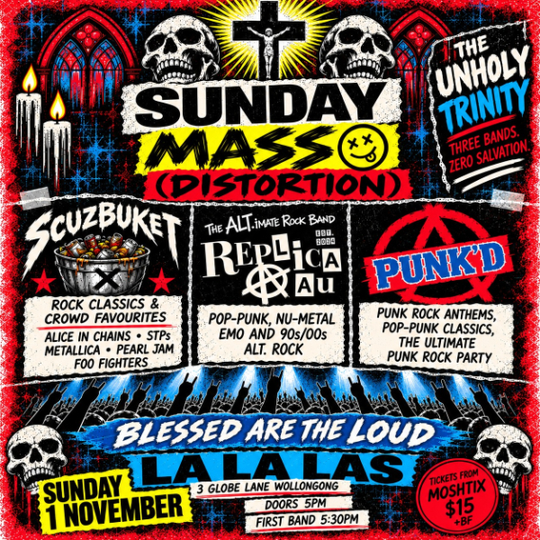 Sunday Mass (Distortion) w/ Punk'd // Replica AU // Scuzbuket live at La La La's - Concert poster
