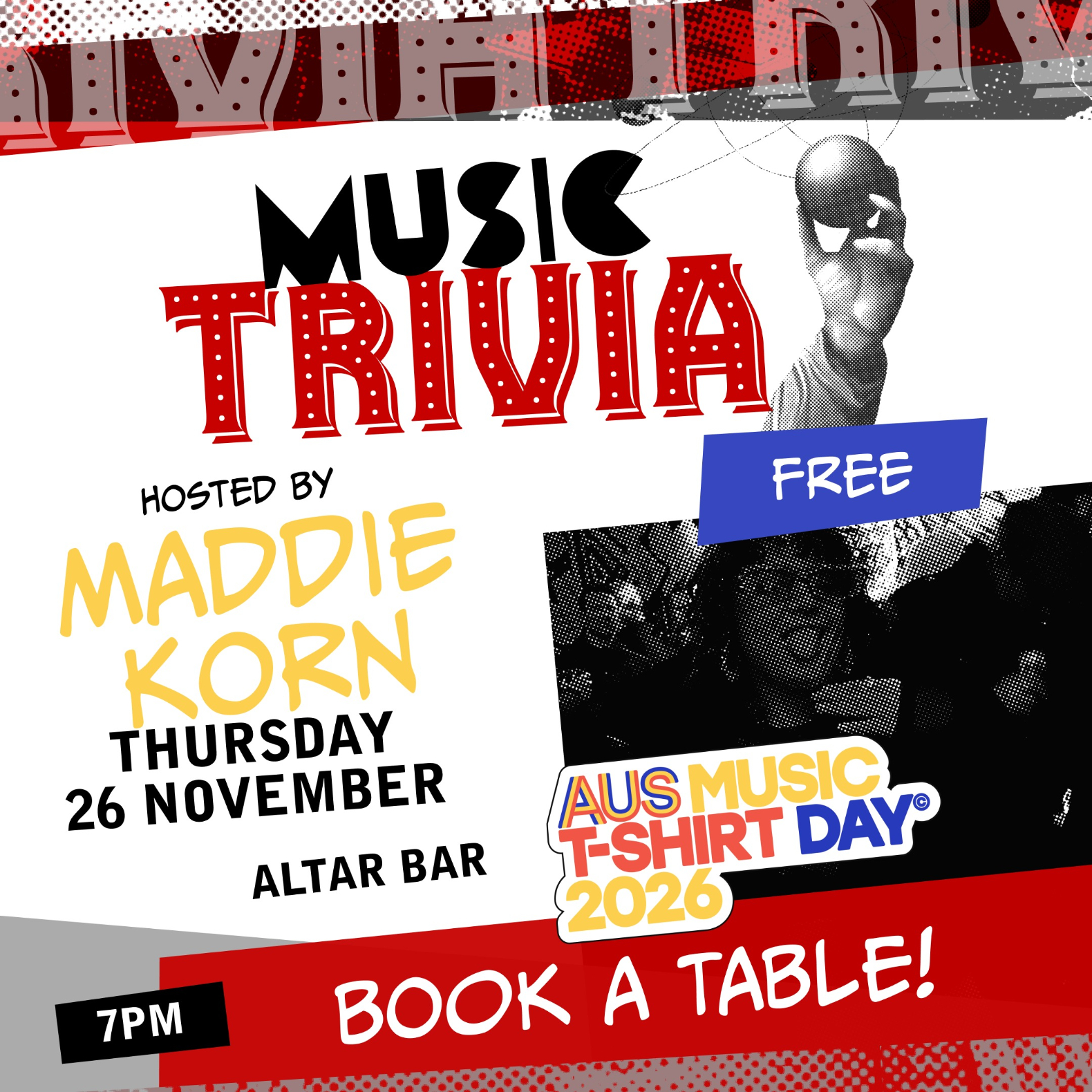 Music Trivia with Maddie Korn—AusMusic Shirt Day edition live at Altar Bar - Concert poster